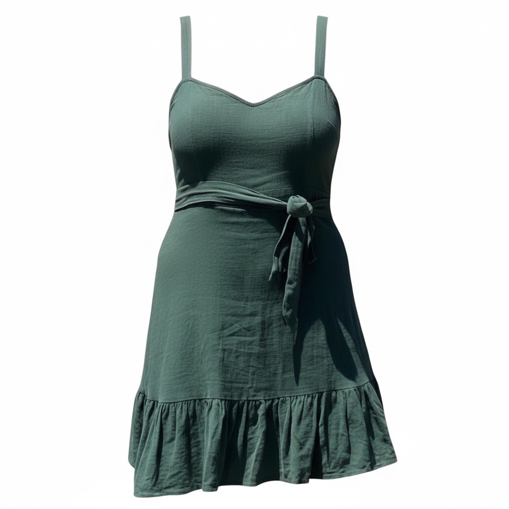 Sleeveless Green Tie-Waist Mini Dress with Ruffle Hem